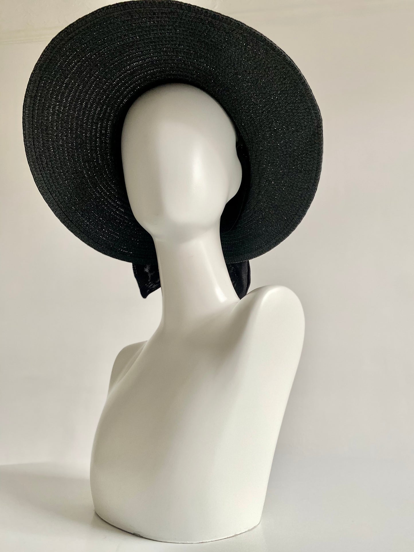 Black Wide Brim Sun Hat with Oversized Bow & Adjustable Chin Strap