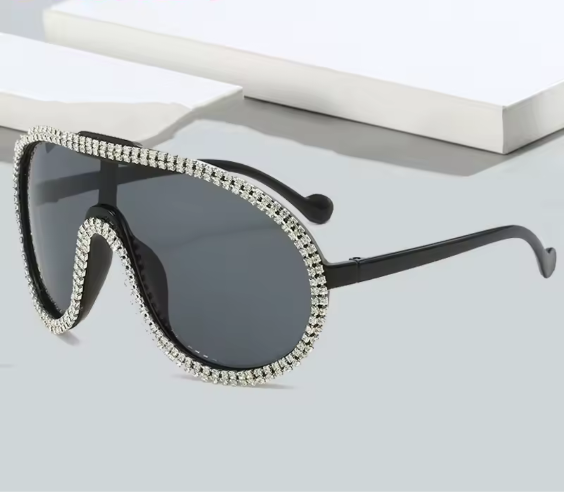 The Paris Crystal Shield Sunglasses – Y2K Oversized Glam Grey