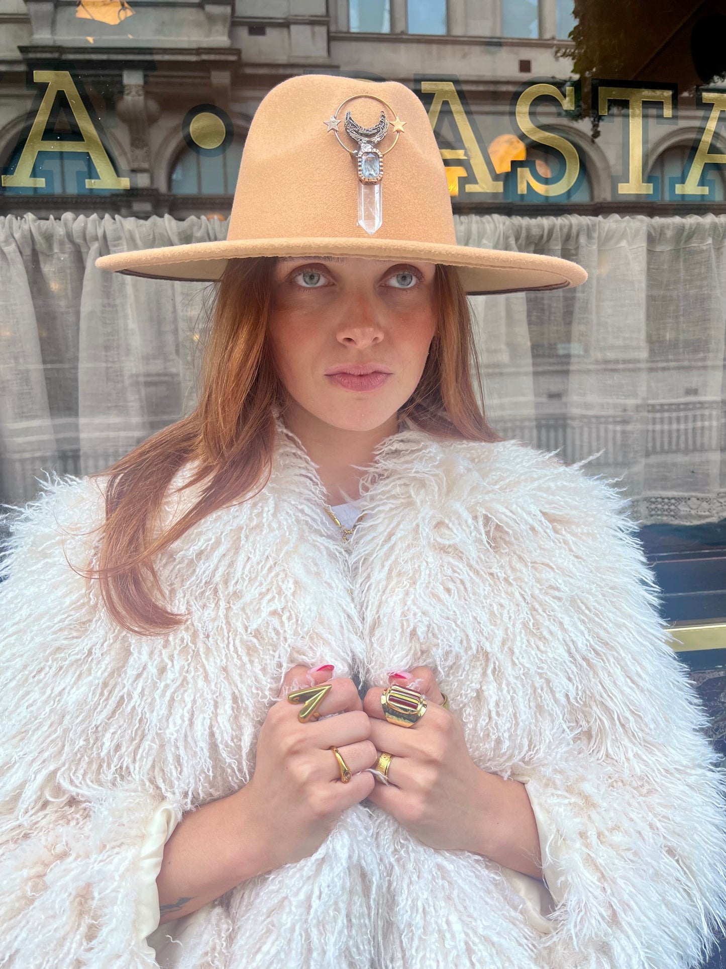Arcana Amulet Hat – Beige Quartz Moon & Star Charm (Adjustable