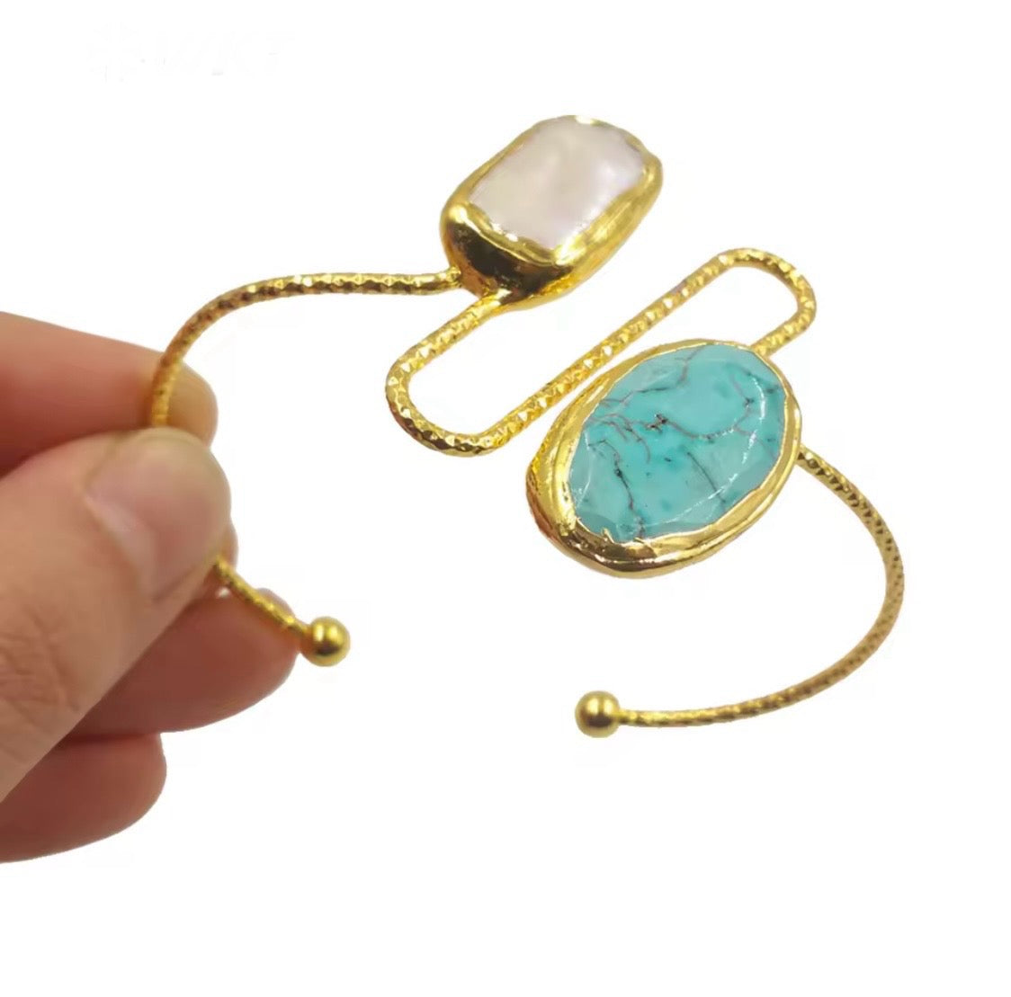 Golden Turquoise & Biwa Pearl Cuff Bracelet ā Unique Stone Jewellery