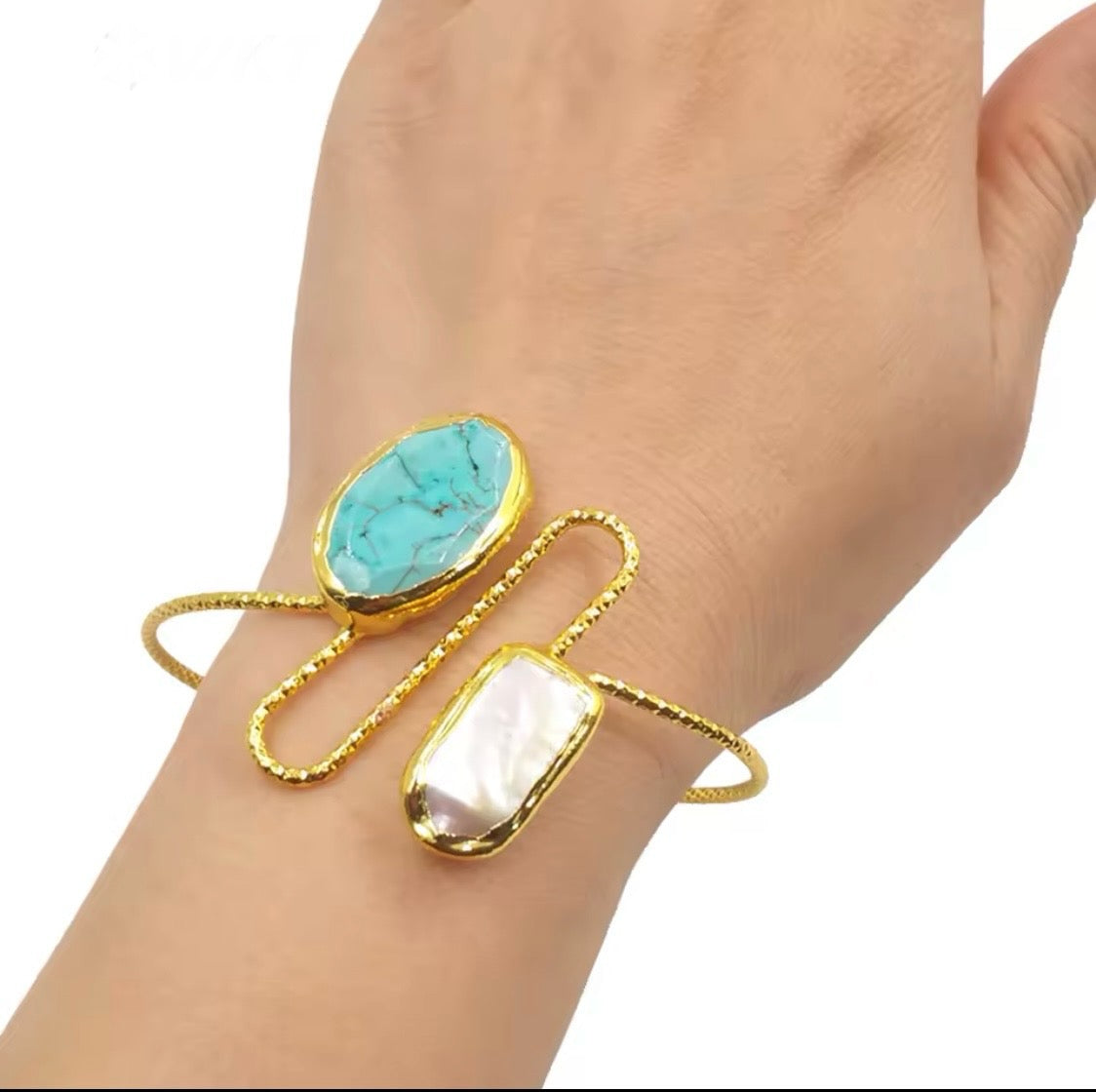 Golden Turquoise & Biwa Pearl Cuff Bracelet ā Unique Stone Jewellery