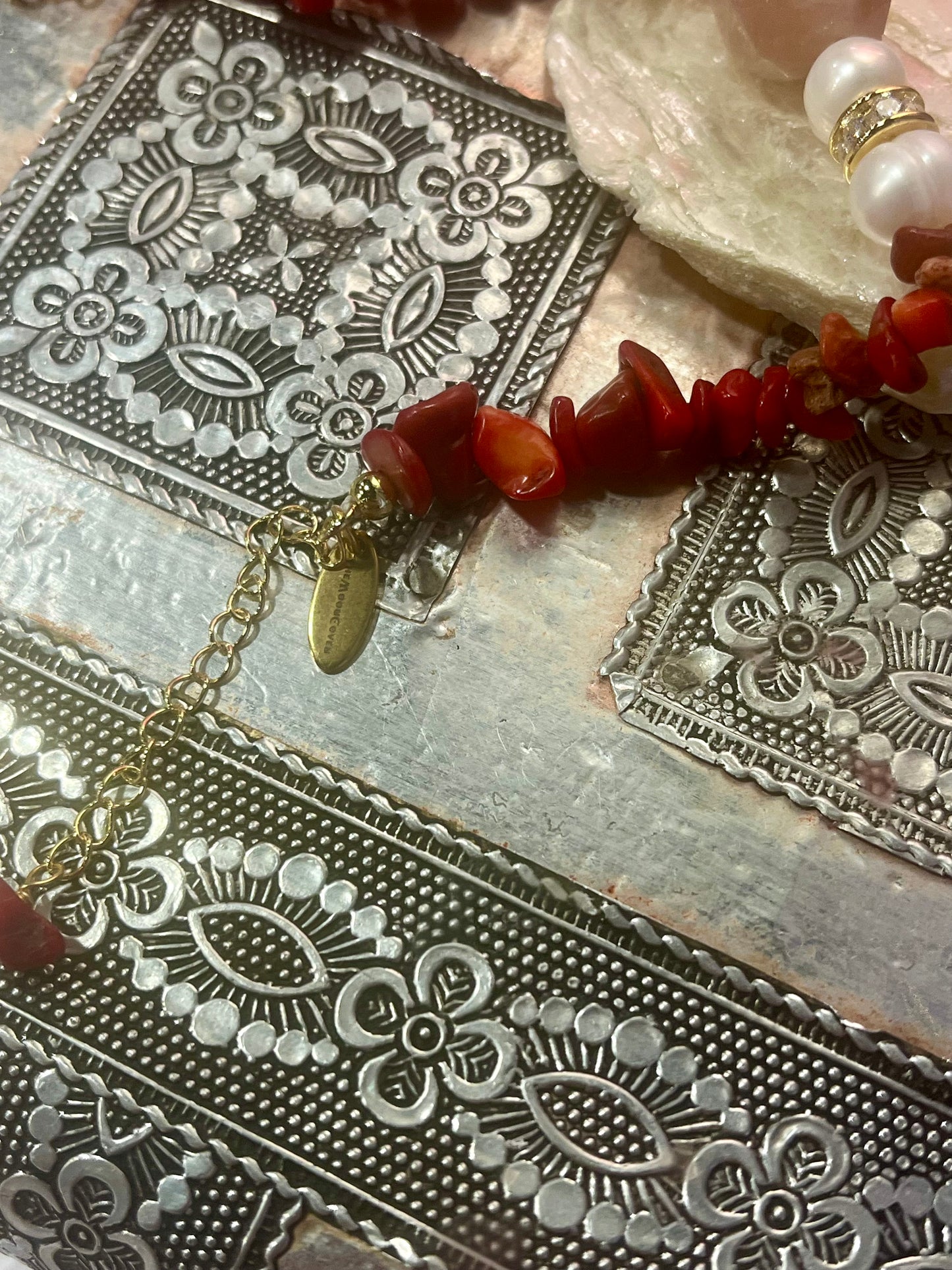 Red Coral & Biwa Pearl Bracelet – Gold Accent Healing Jewelry