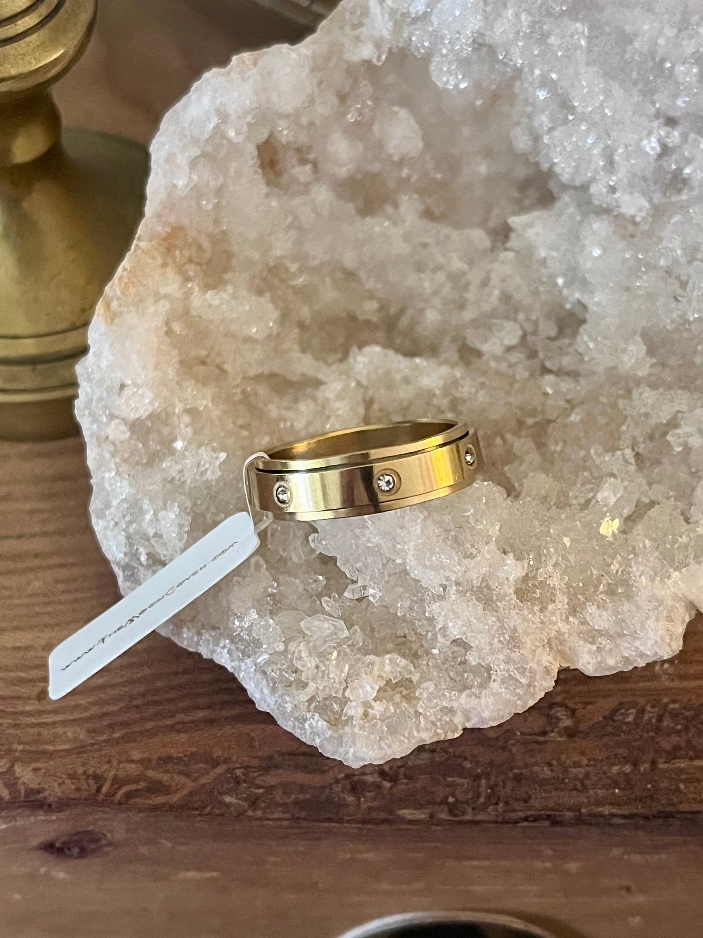 Gold Stainless Steel Anti-Anxiety Spinner Ring with Crystal Accents – Rotating Fidget Stress Relief Band in