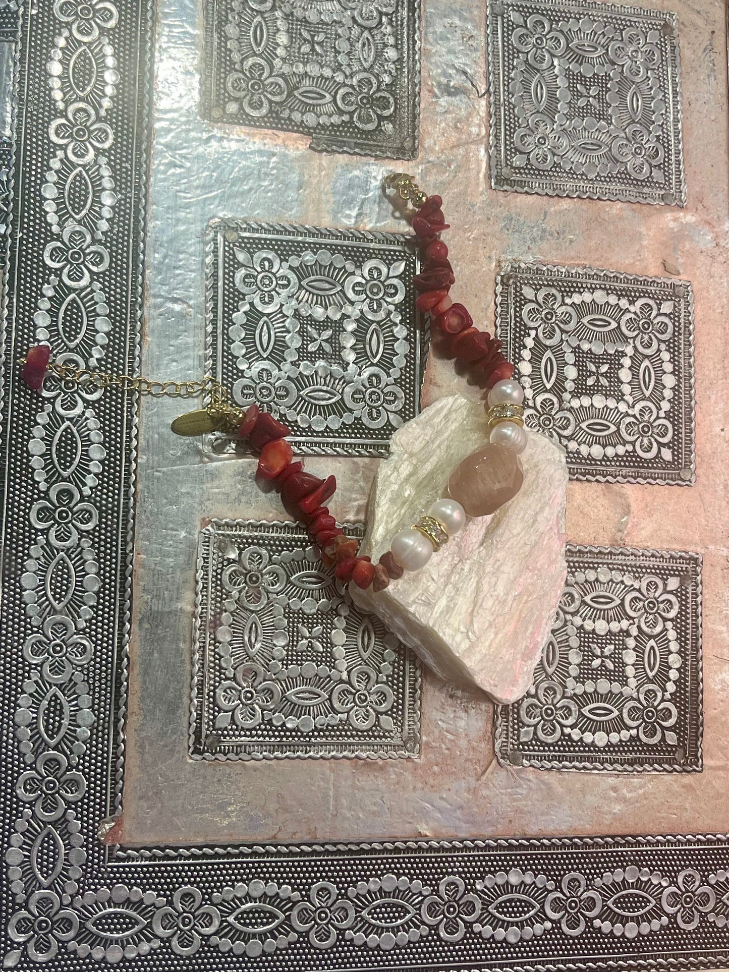 Red Coral & Biwa Pearl Bracelet – Gold Accent Healing Jewelry