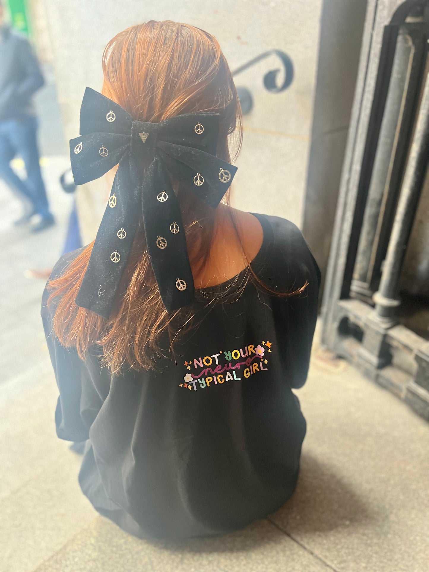 Black Velvet Peace Bow – Hair Clip with Silver Charms