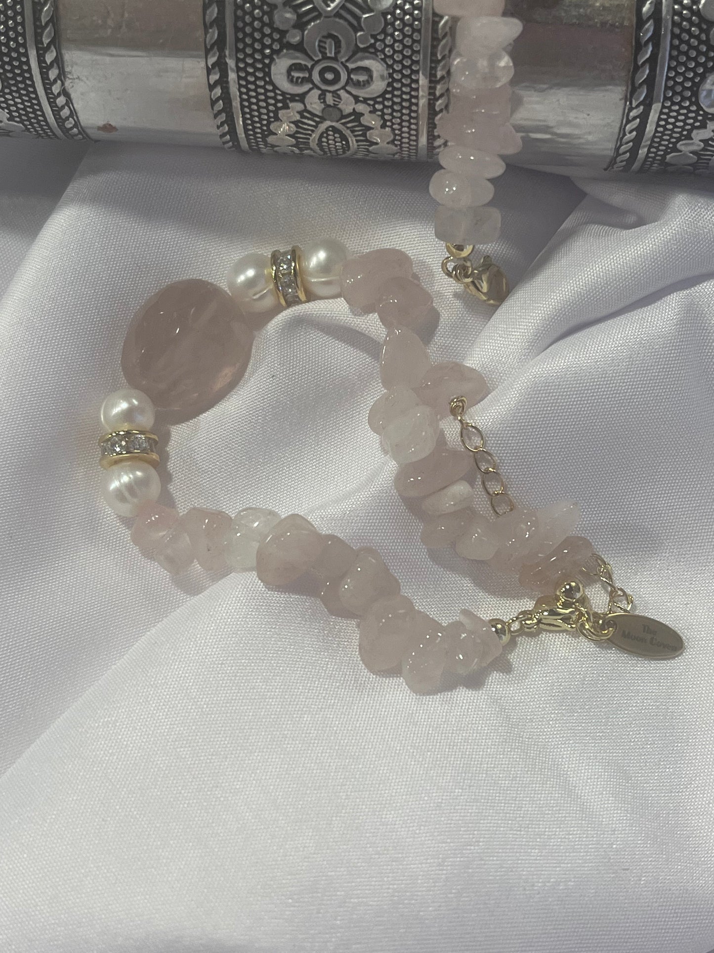 Rose Quartz & Biwa Pearl Bracelet ā Gold Accent Love Crystal Jewelry