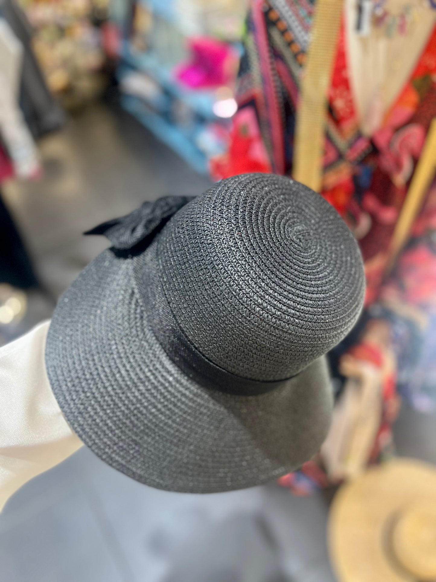 Black Wide Brim Sun Hat with Oversized Bow & Adjustable Chin Strap