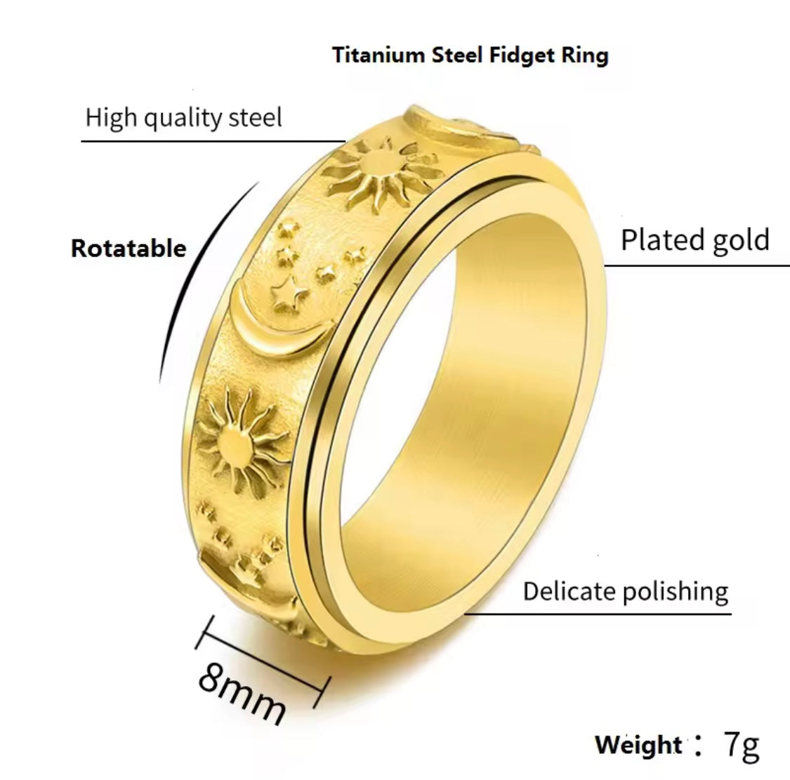 Sun Moon Stars Spinner Ring – Silver