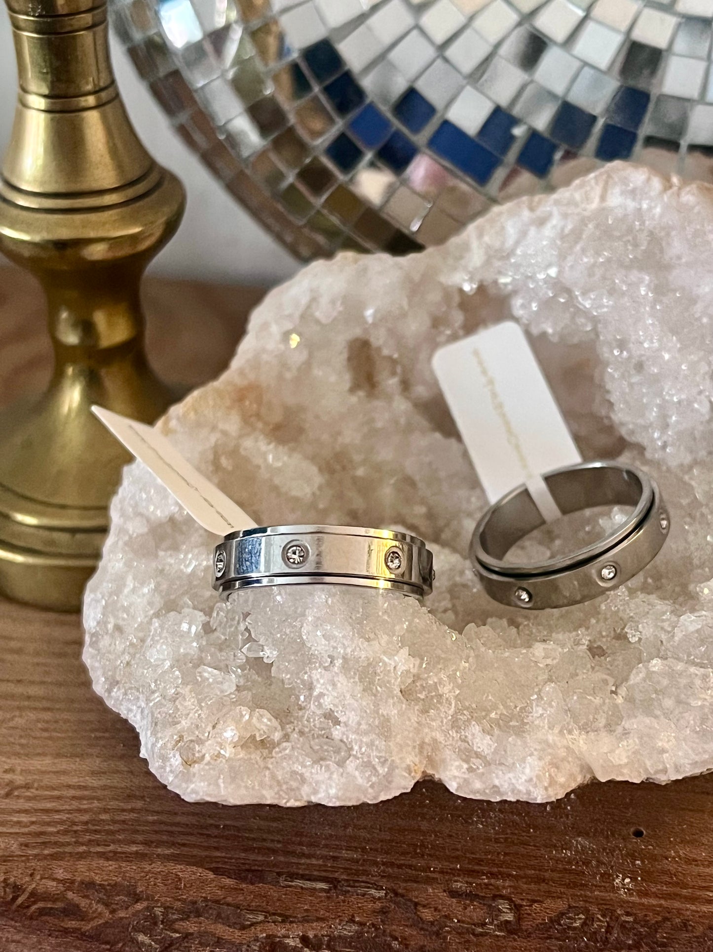 Silver Stainless Steel Anti-Anxiety Spinner Ring with Crystal Accents – Rotating Fidget Stress Relief Band