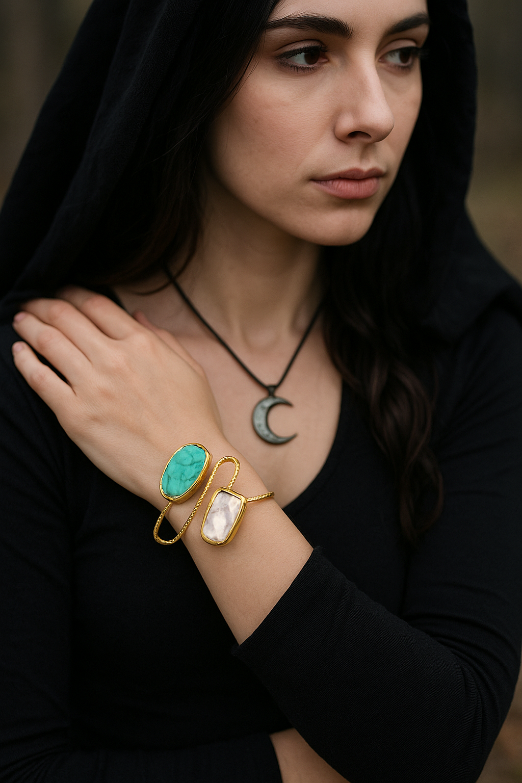 Golden Turquoise & Biwa Pearl Cuff Bracelet ā Unique Stone Jewellery