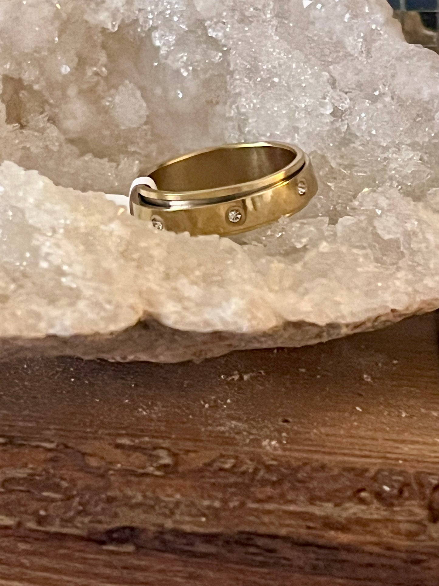 Gold Stainless Steel Anti-Anxiety Spinner Ring with Crystal Accents – Rotating Fidget Stress Relief Band in