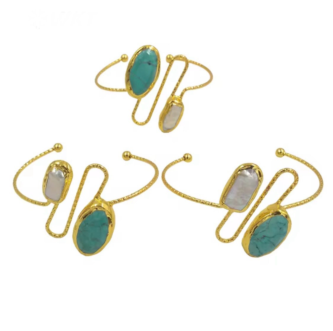 Golden Turquoise & Biwa Pearl Cuff Bracelet ā Unique Stone Jewellery