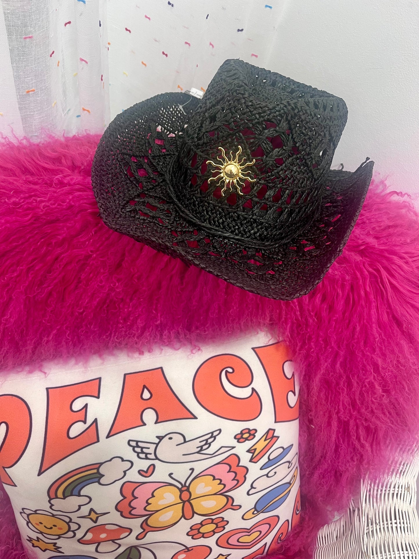 Black Boho Straw Cowboy Hat – Adjustable Summer Festival Style