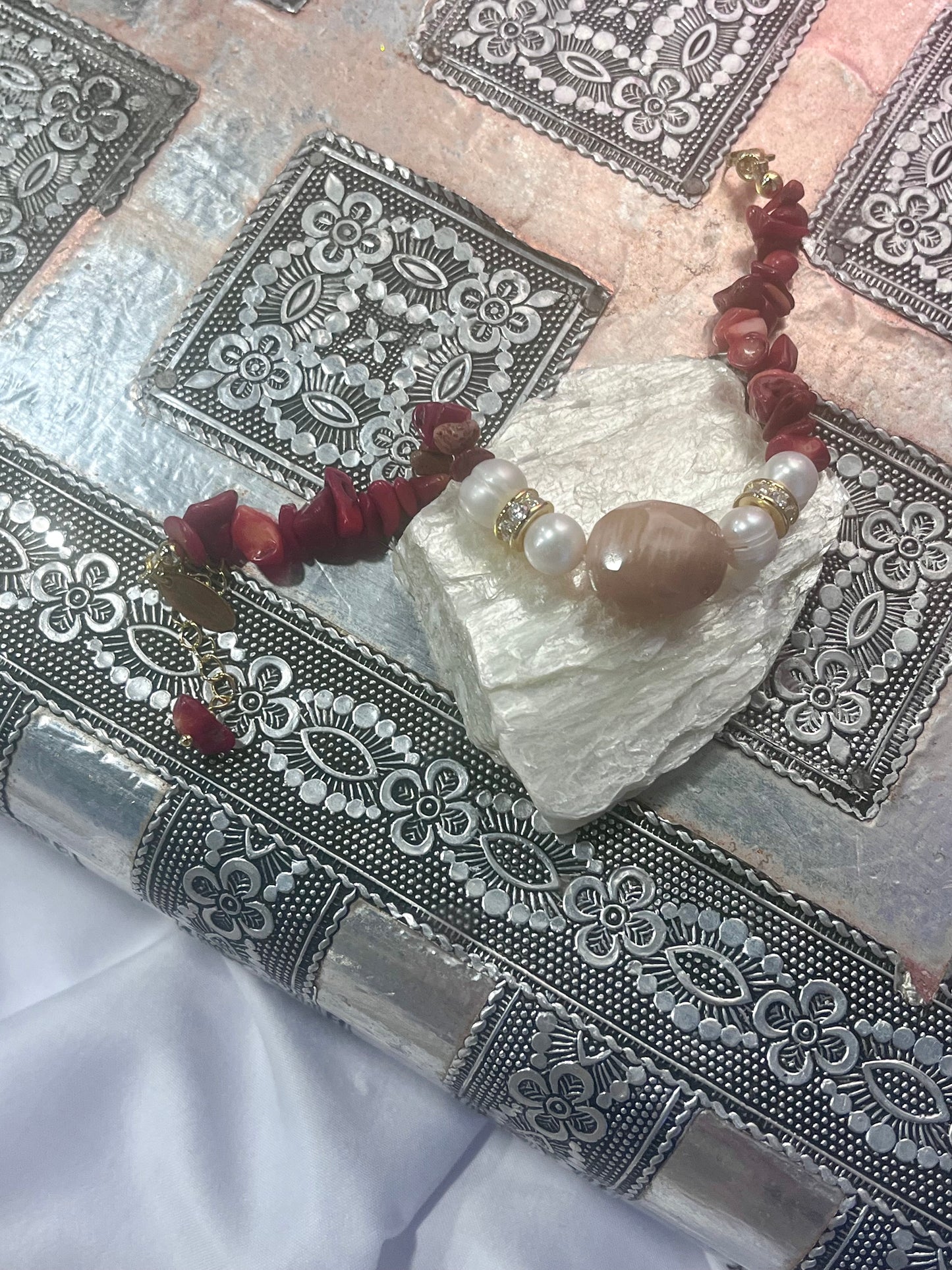 Red Coral & Biwa Pearl Bracelet – Gold Accent Healing Jewelry