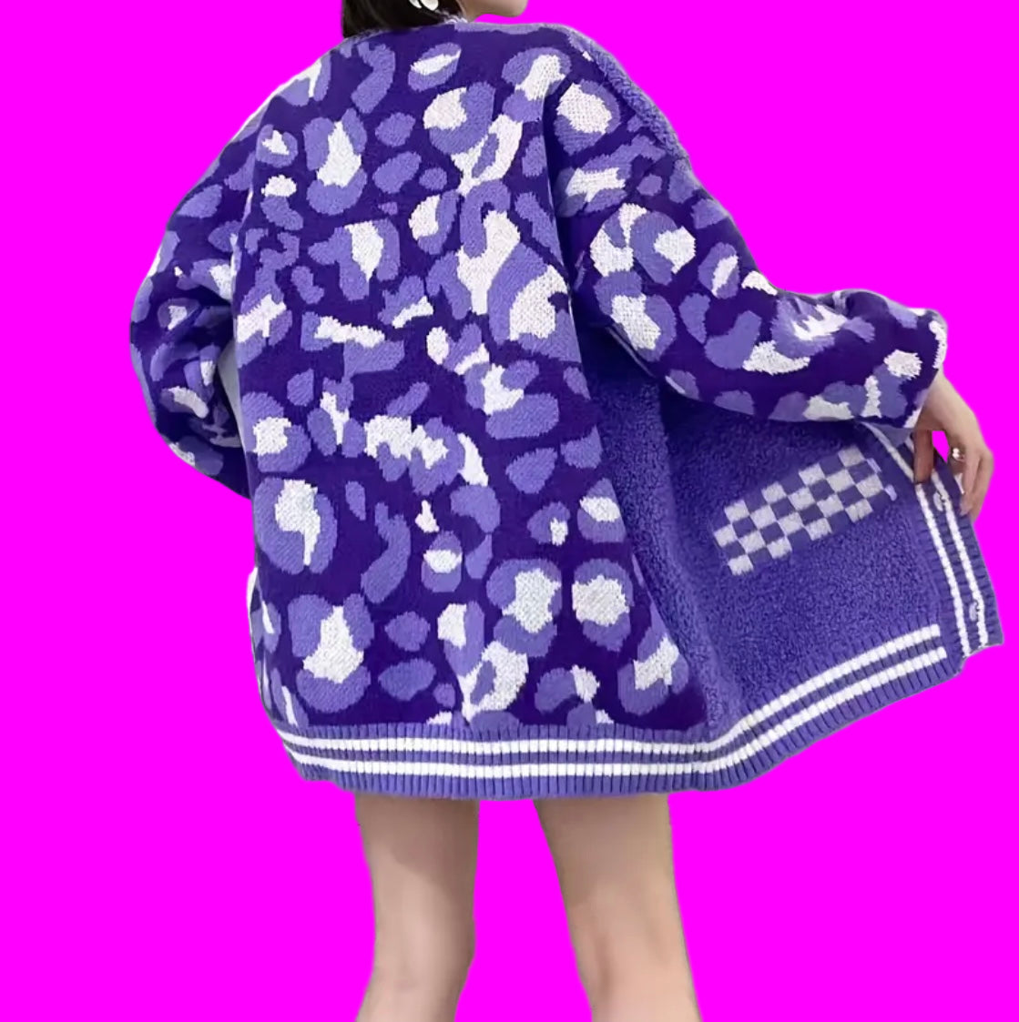 Oversized Smiley Face Cardigan in Purple & Cream – Chunky Colour Block Knit