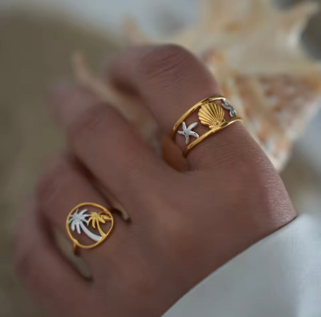 Gold Stainless Steel Palm Tree Adjustable Ring – Tropical Boho Jewelry