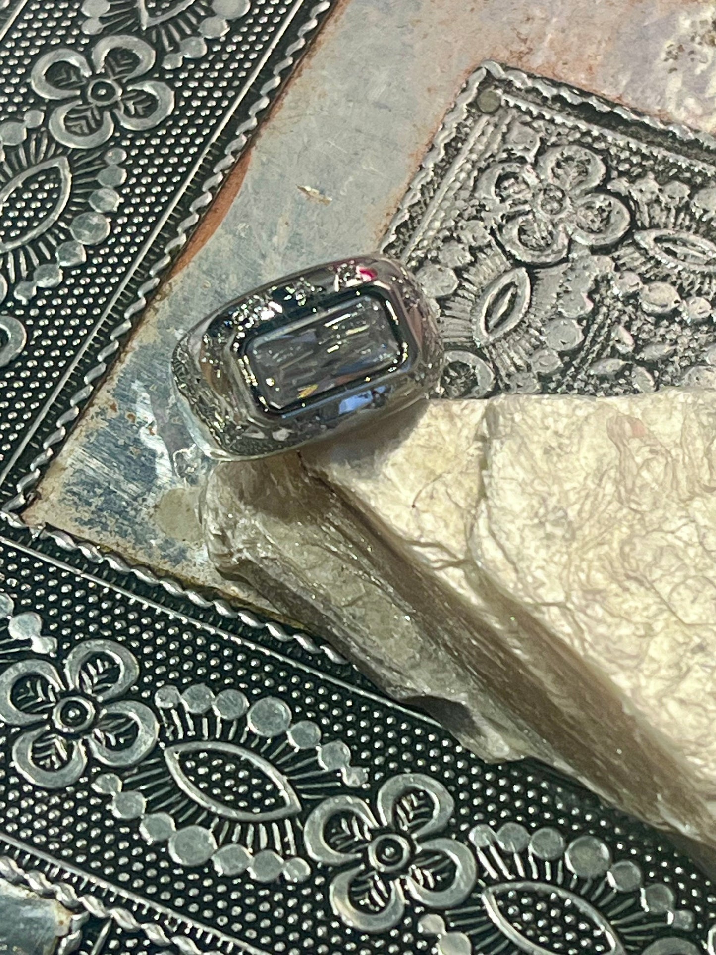 Celestial Rectangle CZ Ring –waterproof Silver
