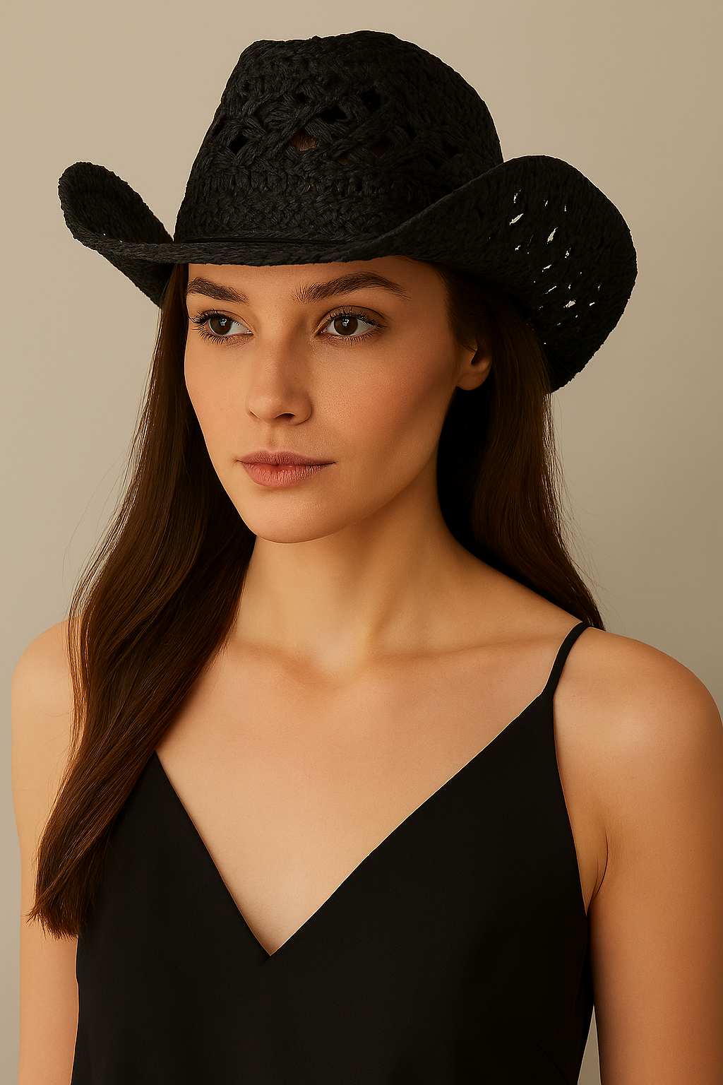 Black Boho Straw Cowboy Hat – Adjustable Summer Festival Style