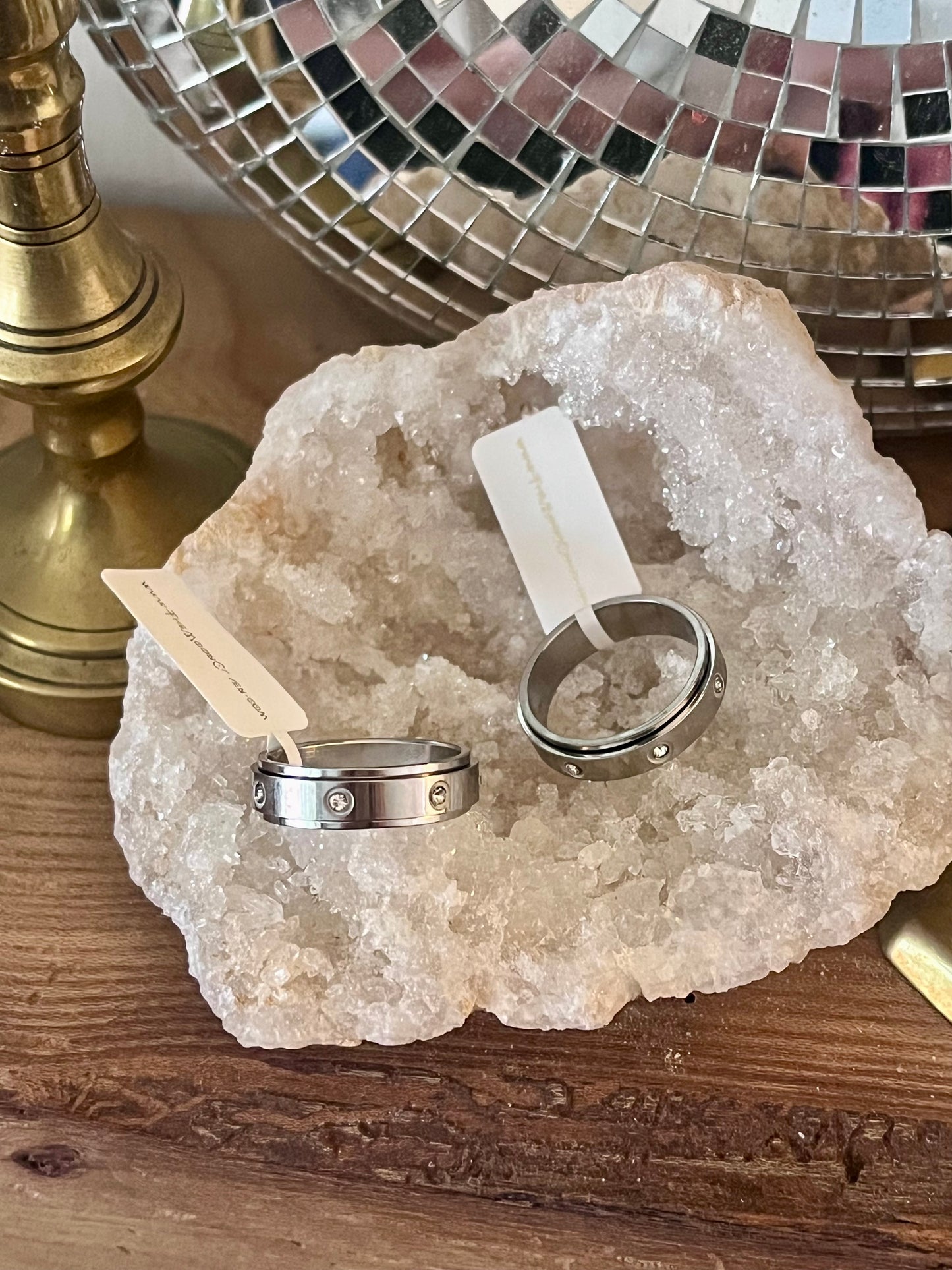 Silver Stainless Steel Anti-Anxiety Spinner Ring with Crystal Accents – Rotating Fidget Stress Relief Band
