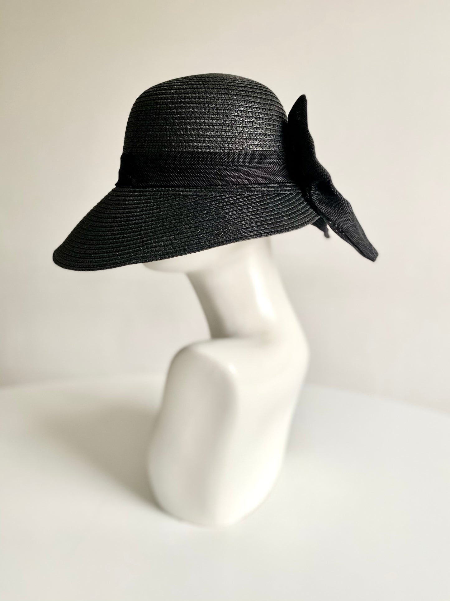 Black Wide Brim Sun Hat with Oversized Bow & Adjustable Chin Strap