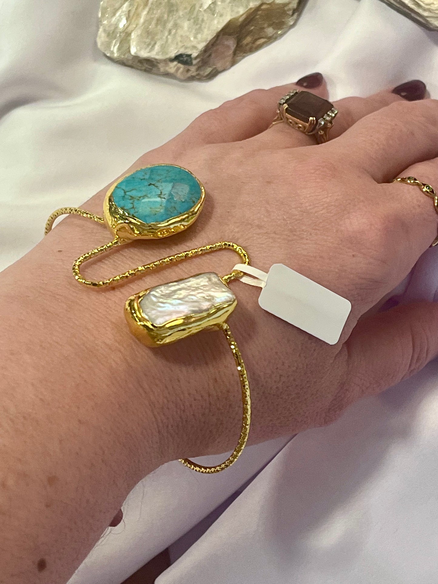 Golden Turquoise & Biwa Pearl Cuff Bracelet ā Unique Stone Jewellery