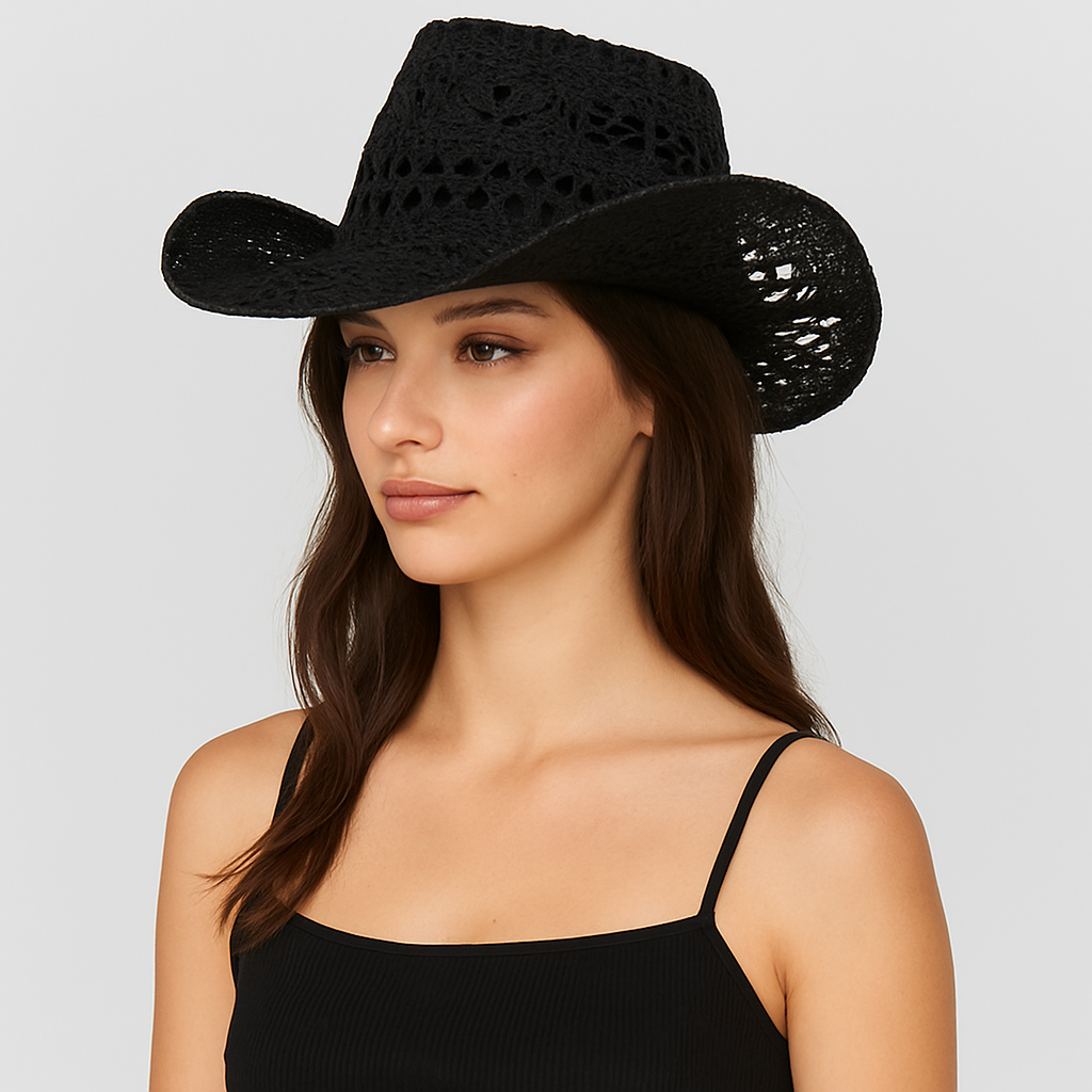 Black Boho Straw Cowboy Hat – Adjustable Summer Festival Style