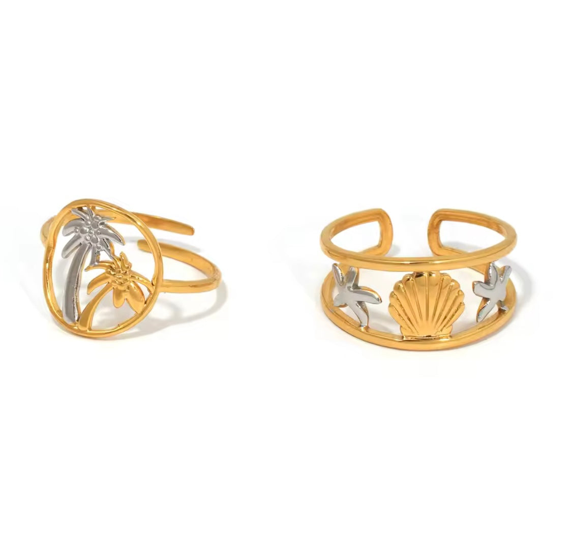 Gold Stainless Steel Palm Tree Adjustable Ring – Tropical Boho Jewelry