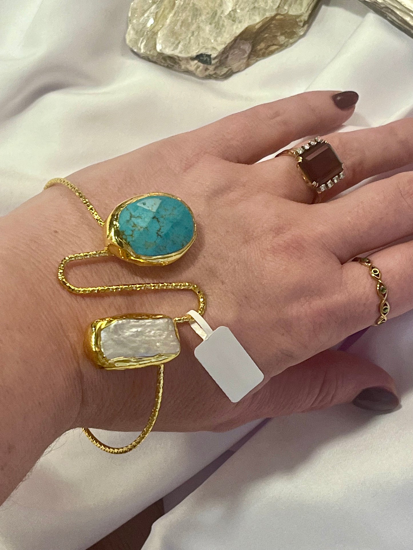 Golden Turquoise & Biwa Pearl Cuff Bracelet ā Unique Stone Jewellery