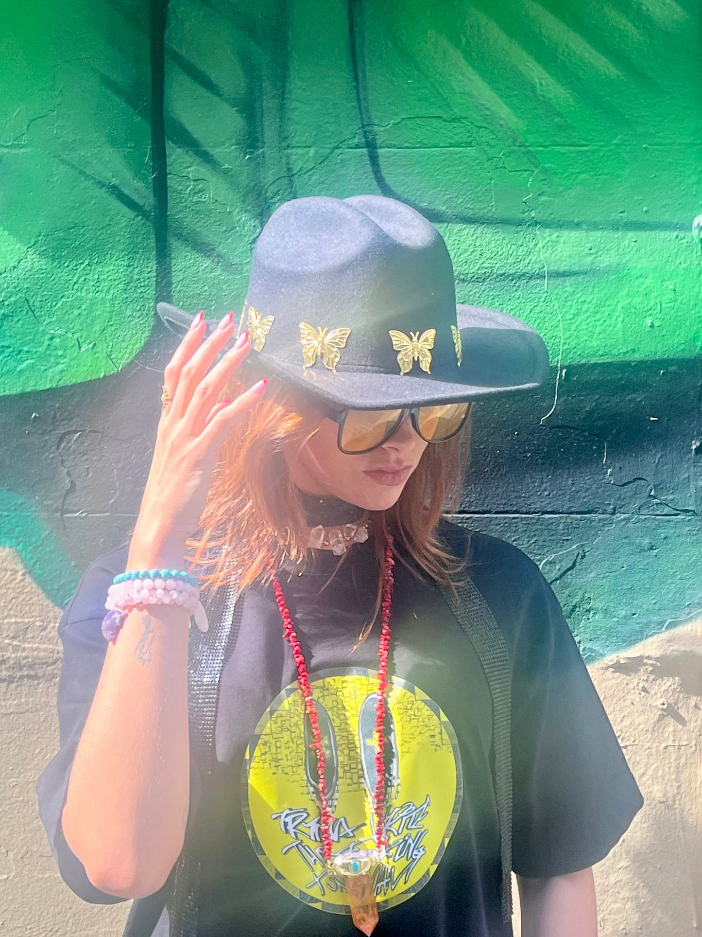 Black Cowboy Hat – with Butterfly Charms (Adjustable)