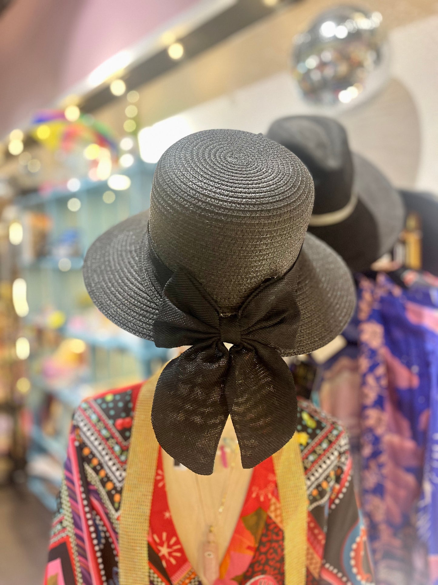 Black Wide Brim Sun Hat with Oversized Bow & Adjustable Chin Strap