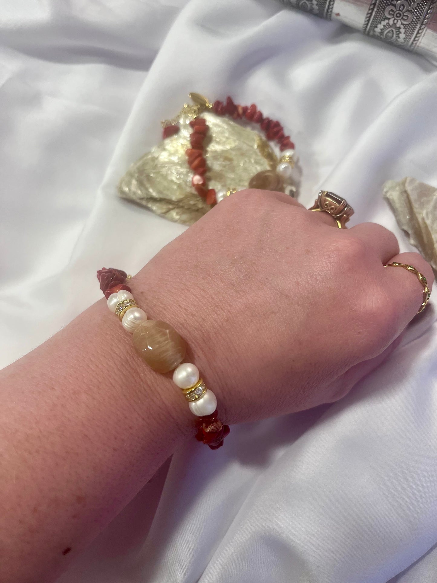 Red Coral & Biwa Pearl Bracelet – Gold Accent Healing Jewelry