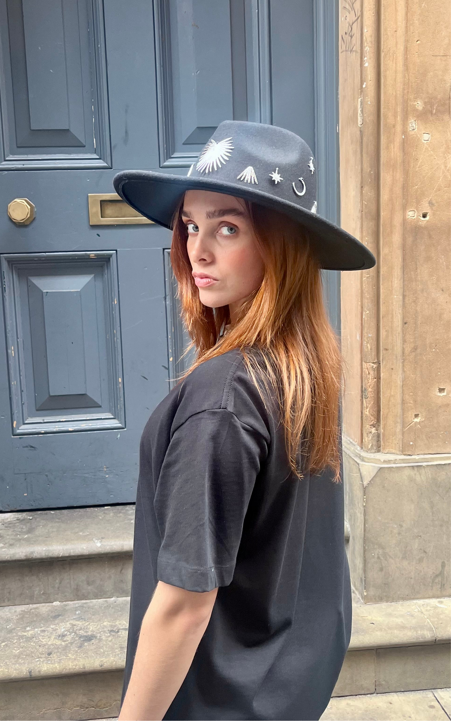 Moon Dance Black Fedora ā Silver Charm Detail (Adjustable)
