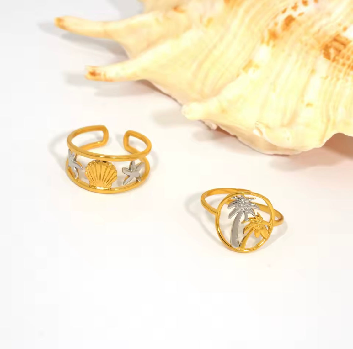 Gold Stainless Steel Palm Tree Adjustable Ring – Tropical Boho Jewelry
