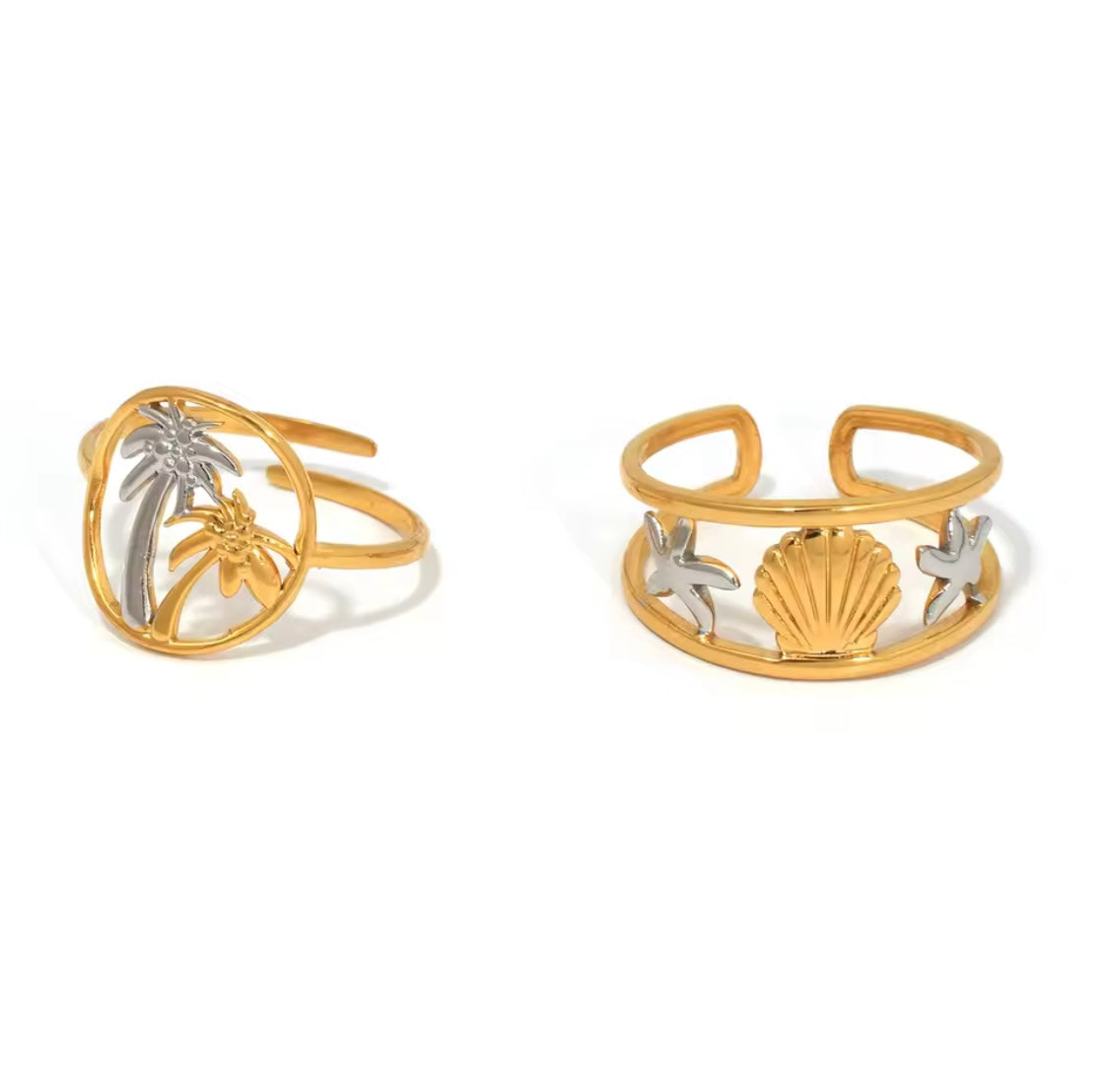 Gold Stainless Steel Palm Tree Adjustable Ring – Tropical Boho Jewelry