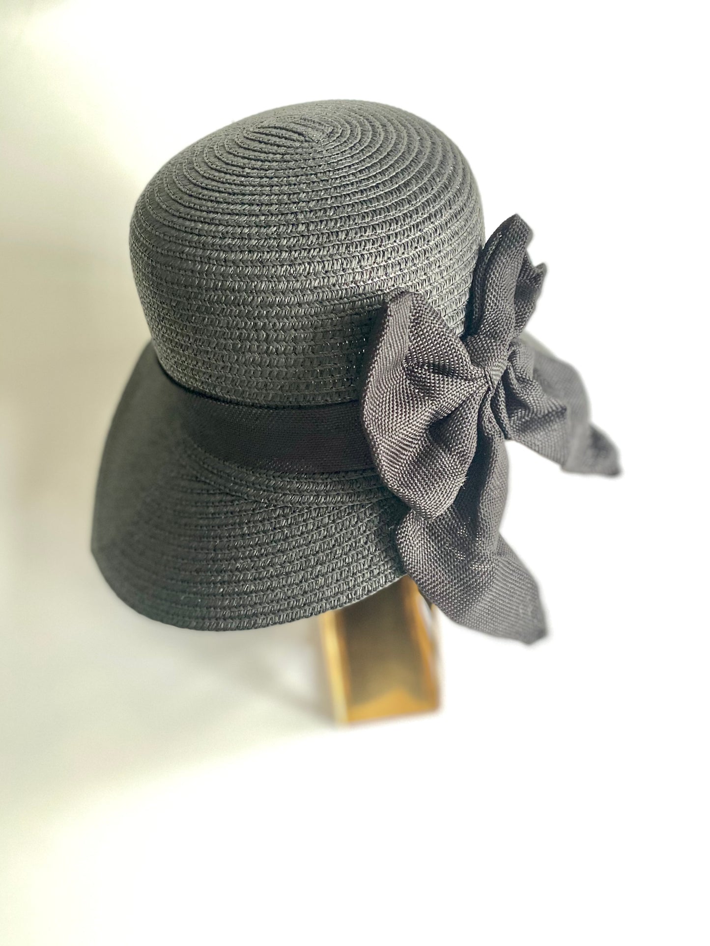 Black Wide Brim Sun Hat with Oversized Bow & Adjustable Chin Strap