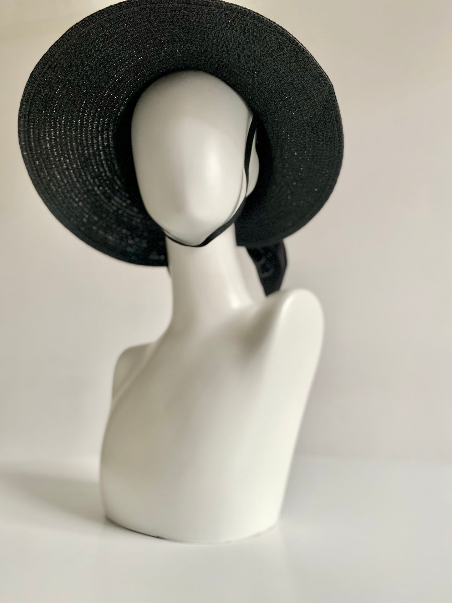 Black Wide Brim Sun Hat with Oversized Bow & Adjustable Chin Strap