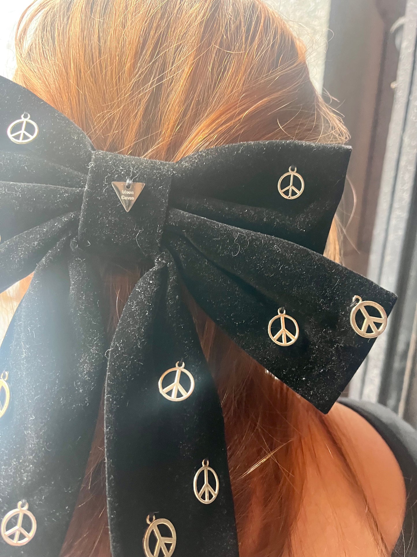 Black Velvet Peace Bow – Hair Clip with Silver Charms