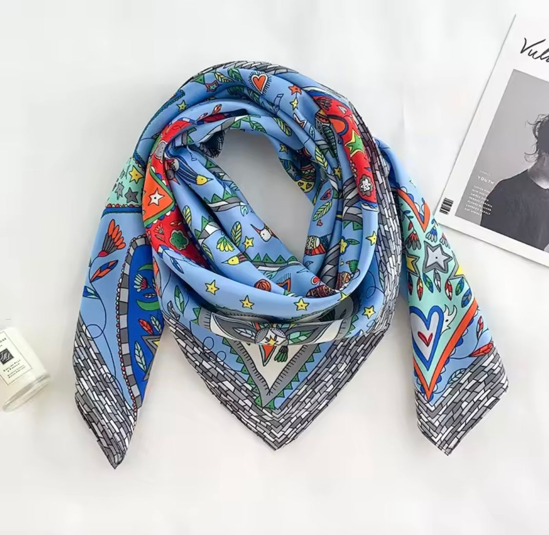 Mystic Garden Satin Scarf Collection – Blue 90x90cm