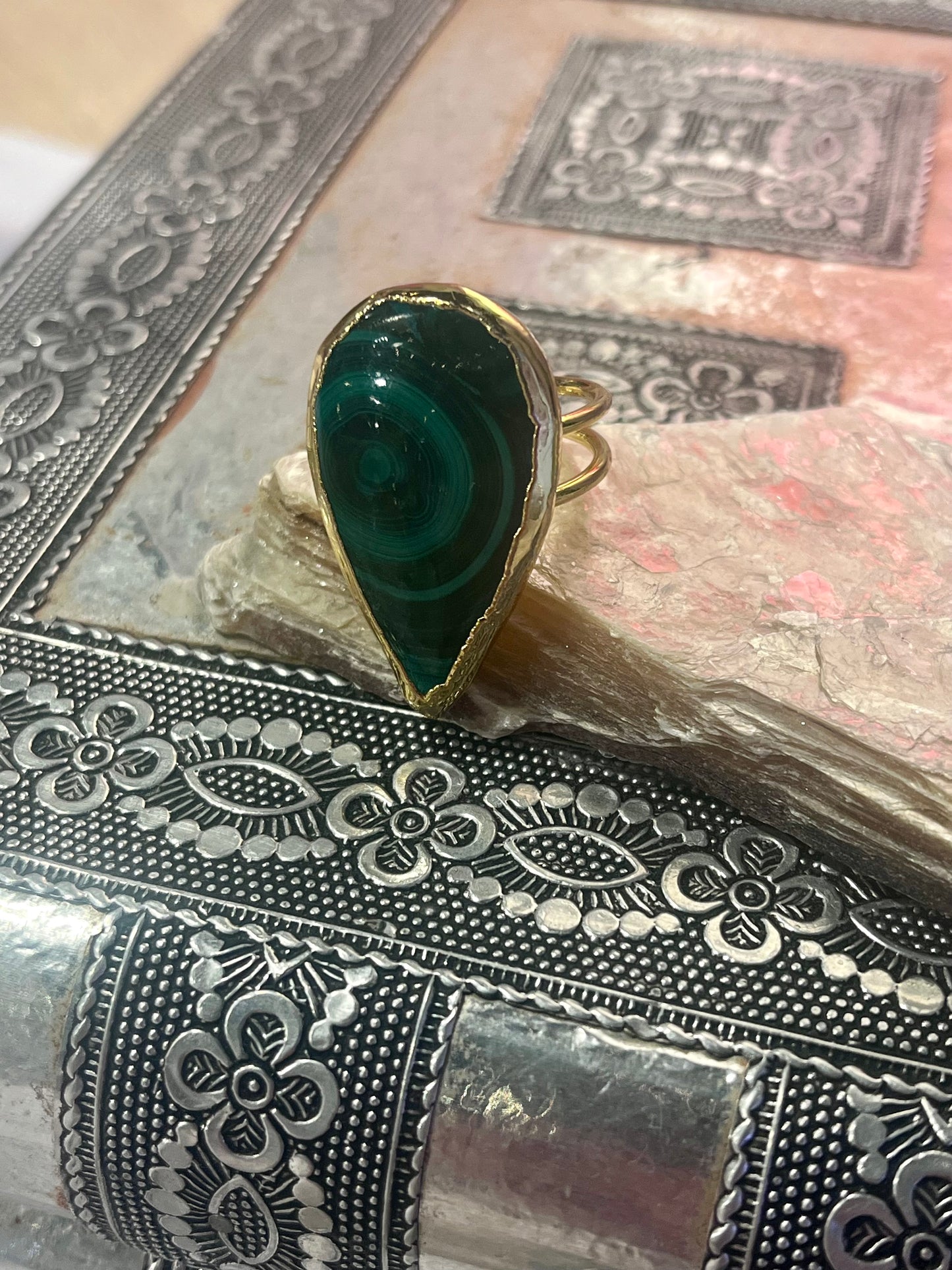 Emerald Flame Malachite Ring – Adjustable Natural Stone Jewelry