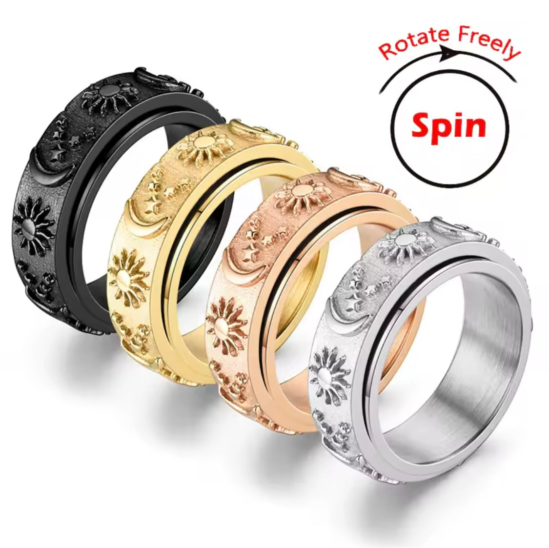Sun Moon Stars Spinner Ring – Silver