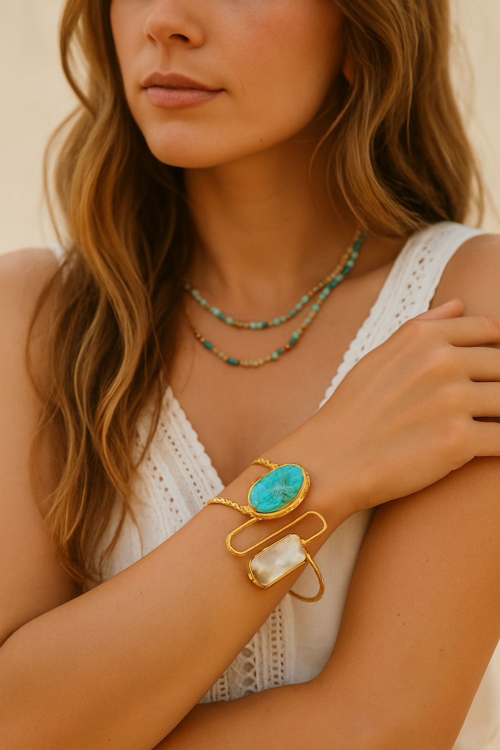 Golden Turquoise & Biwa Pearl Cuff Bracelet ā Unique Stone Jewellery