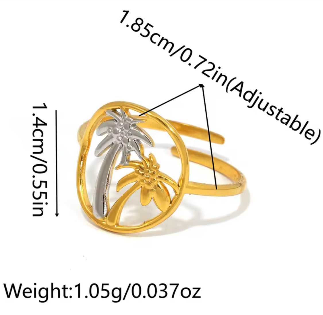 Gold Stainless Steel Palm Tree Adjustable Ring – Tropical Boho Jewelry
