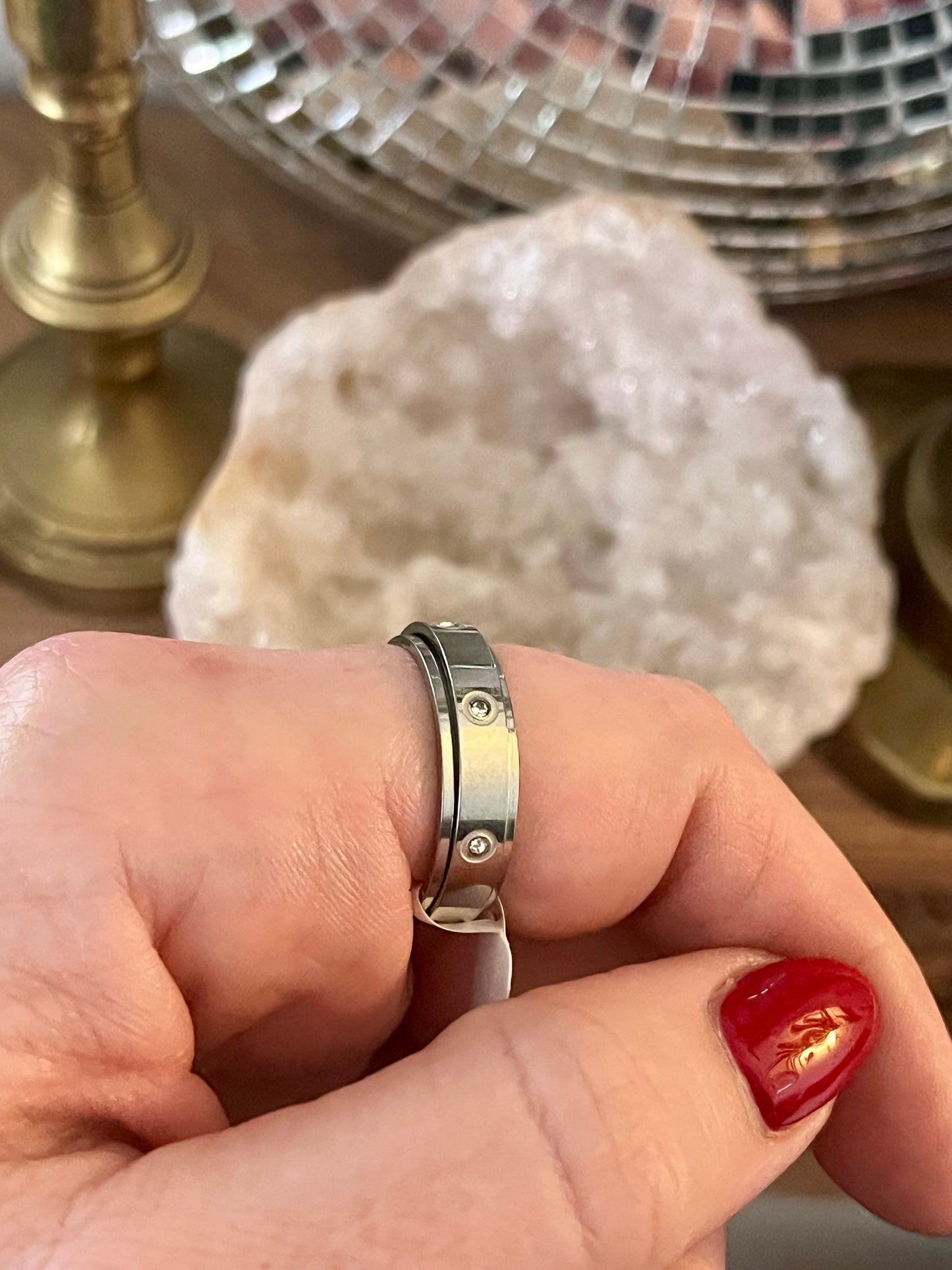 Silver Stainless Steel Anti-Anxiety Spinner Ring with Crystal Accents – Rotating Fidget Stress Relief Band