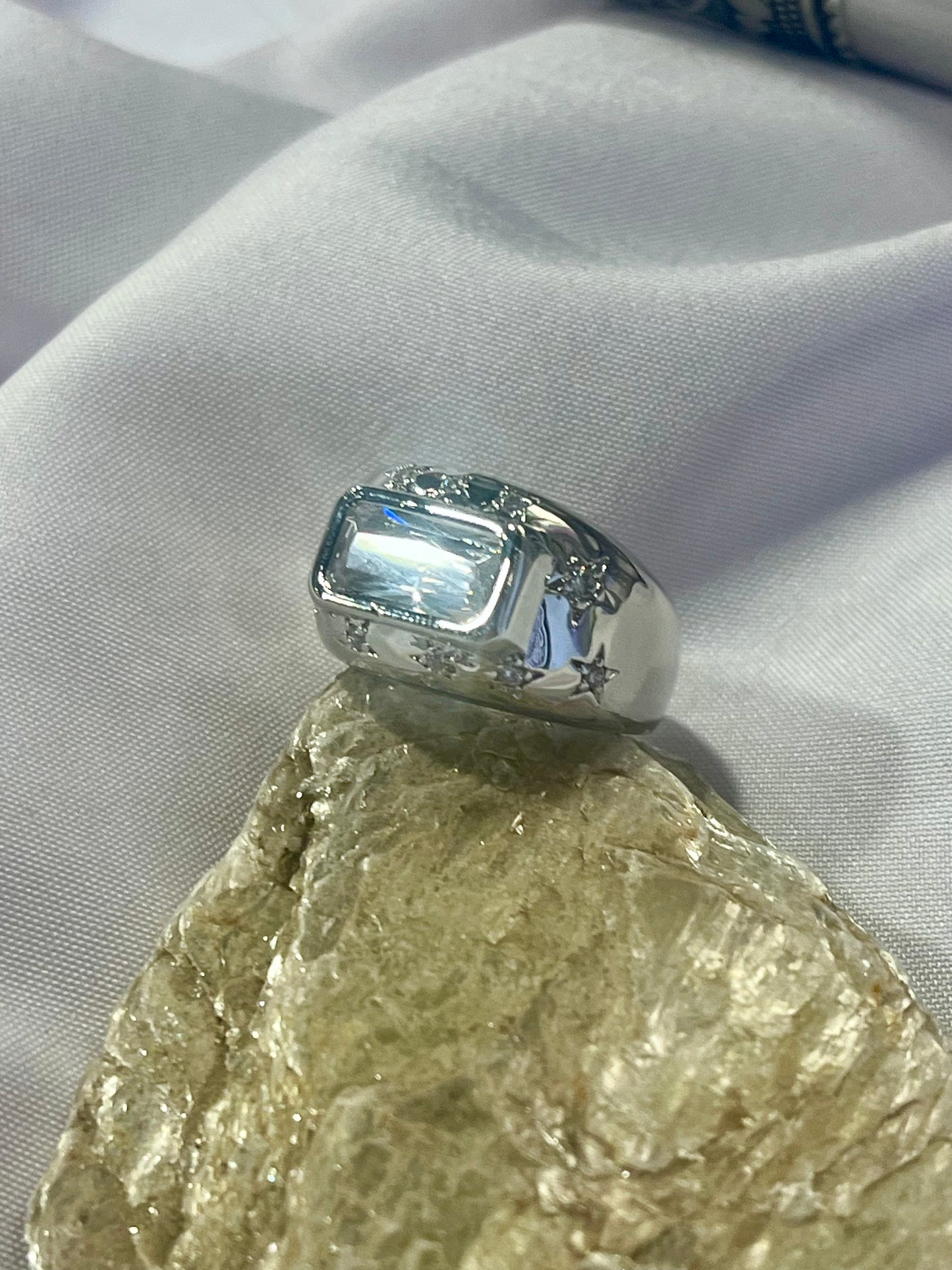 Celestial Rectangle CZ Ring –waterproof Silver