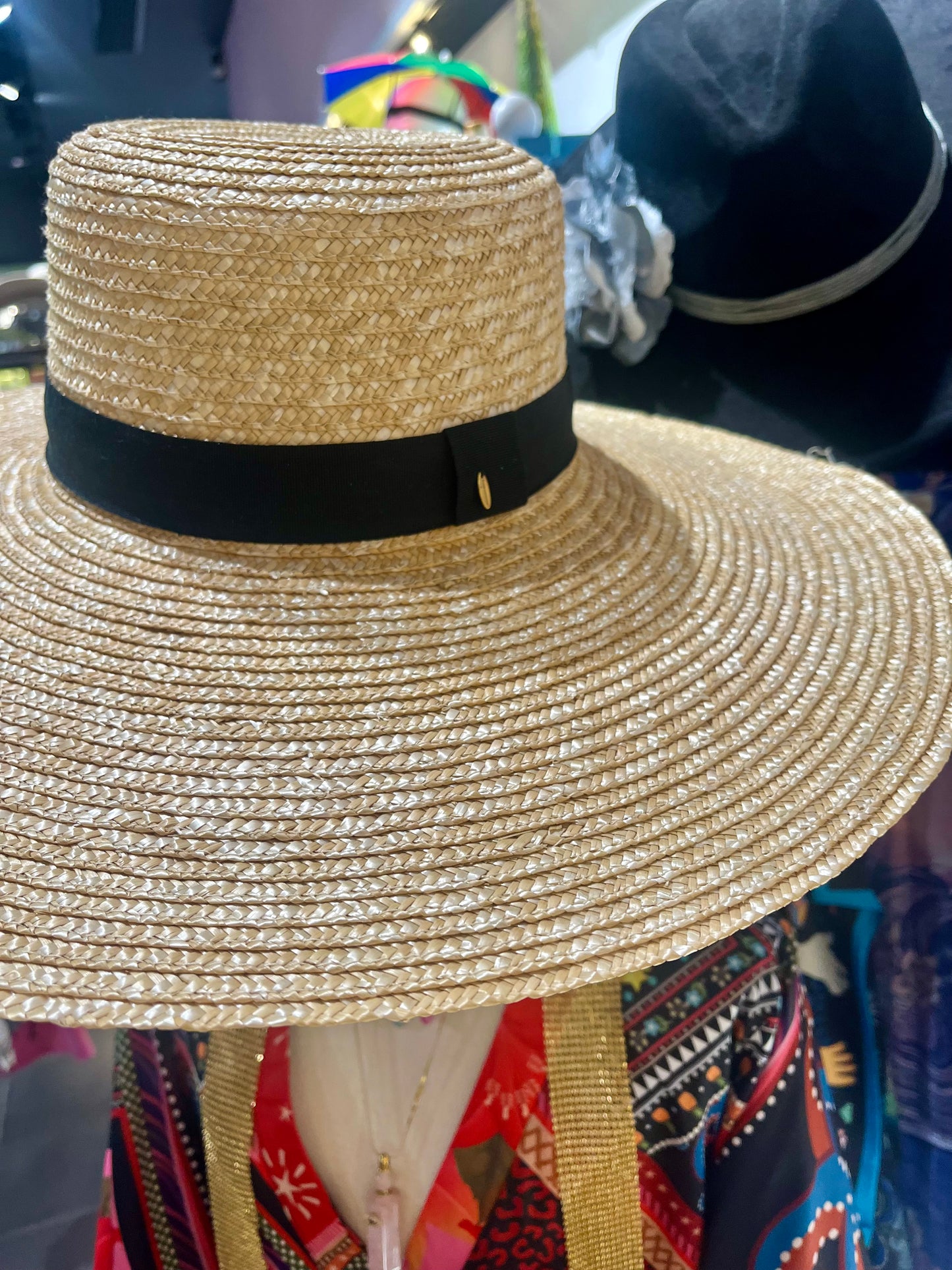 Wide Brim Western Straw Hat – Adjustable Flat Top Sun Hat with Grosgrain Ribbon