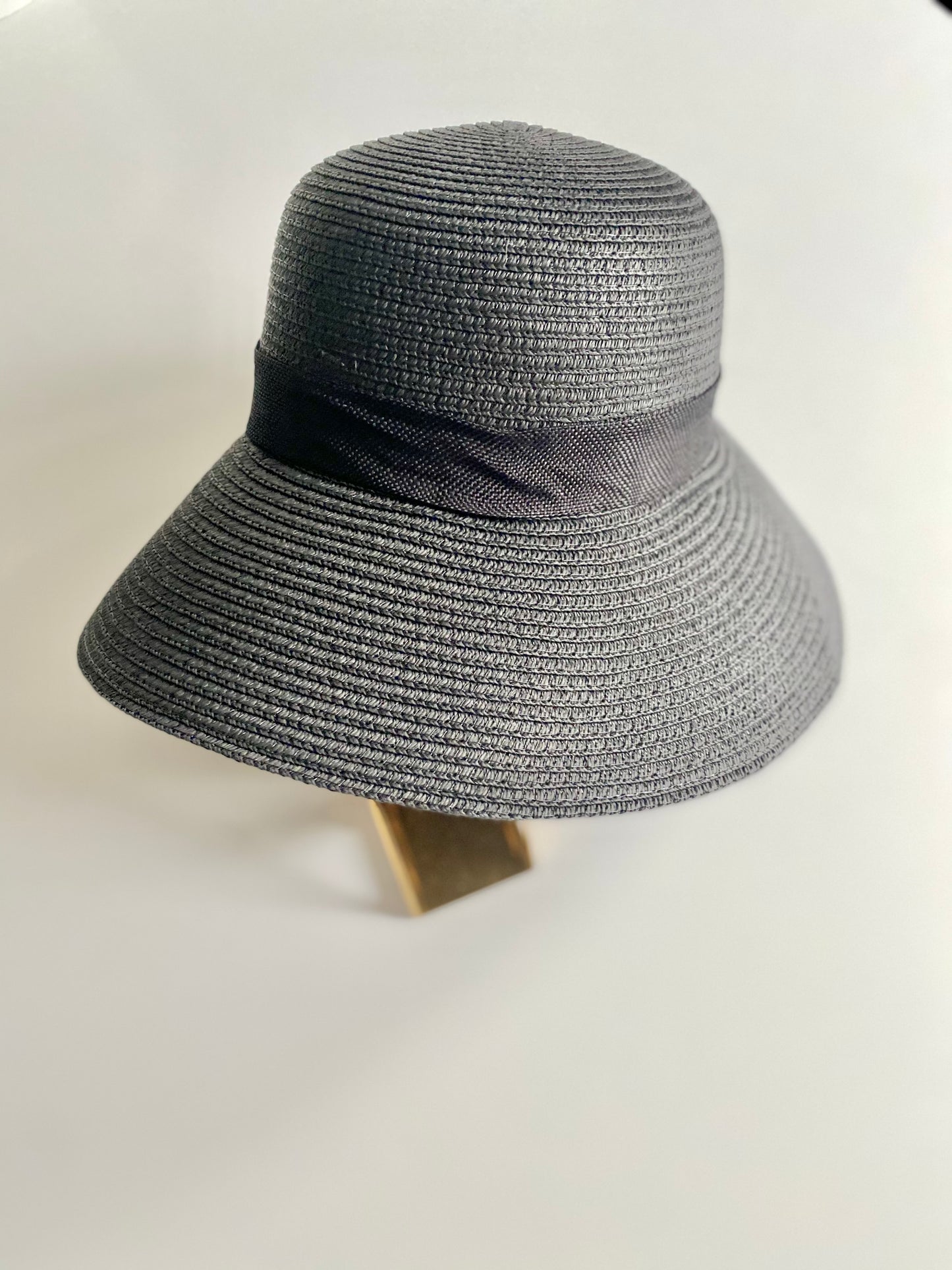 Black Wide Brim Sun Hat with Oversized Bow & Adjustable Chin Strap