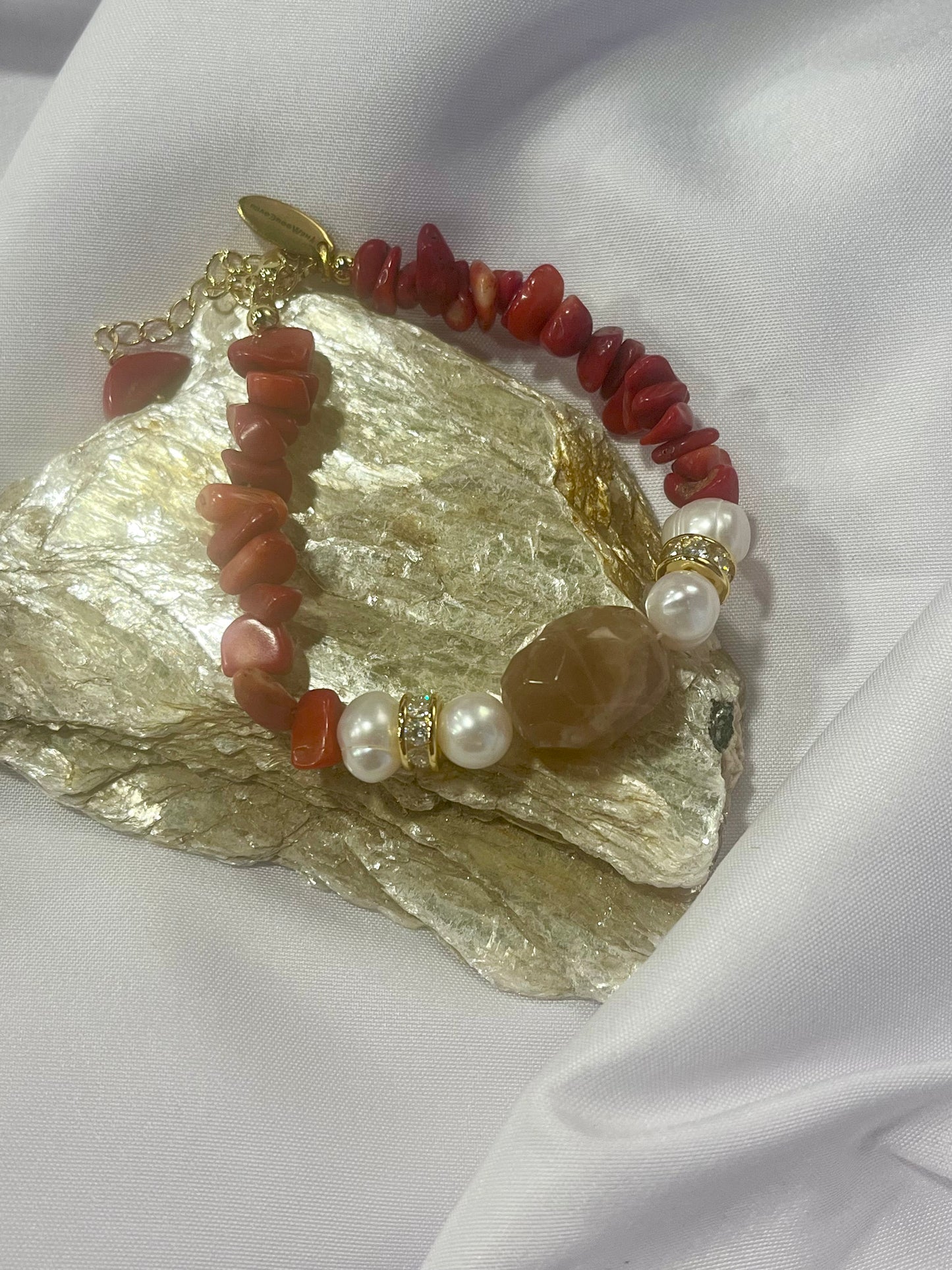 Red Coral & Biwa Pearl Bracelet – Gold Accent Healing Jewelry