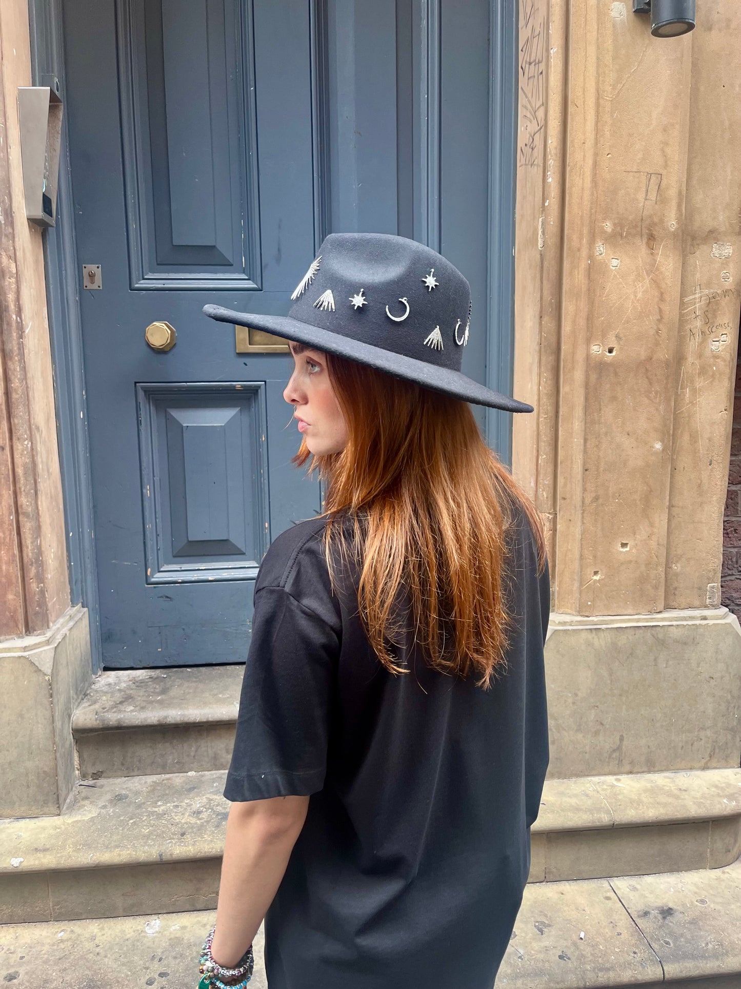 Moon Dance Black Fedora ā Silver Charm Detail (Adjustable)