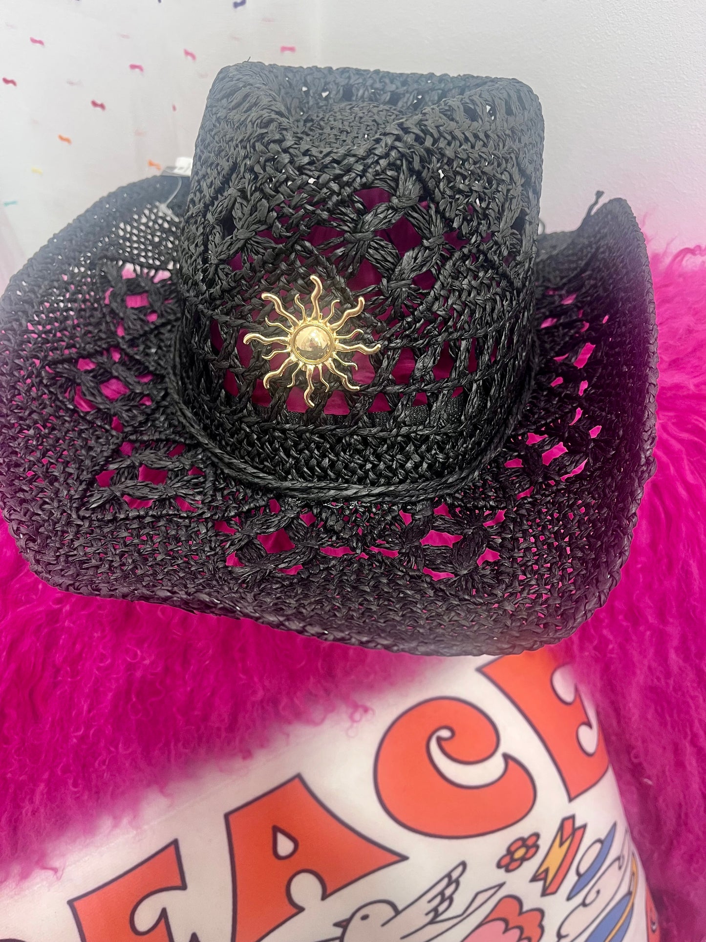 Black Boho Straw Cowboy Hat – Adjustable Summer Festival Style