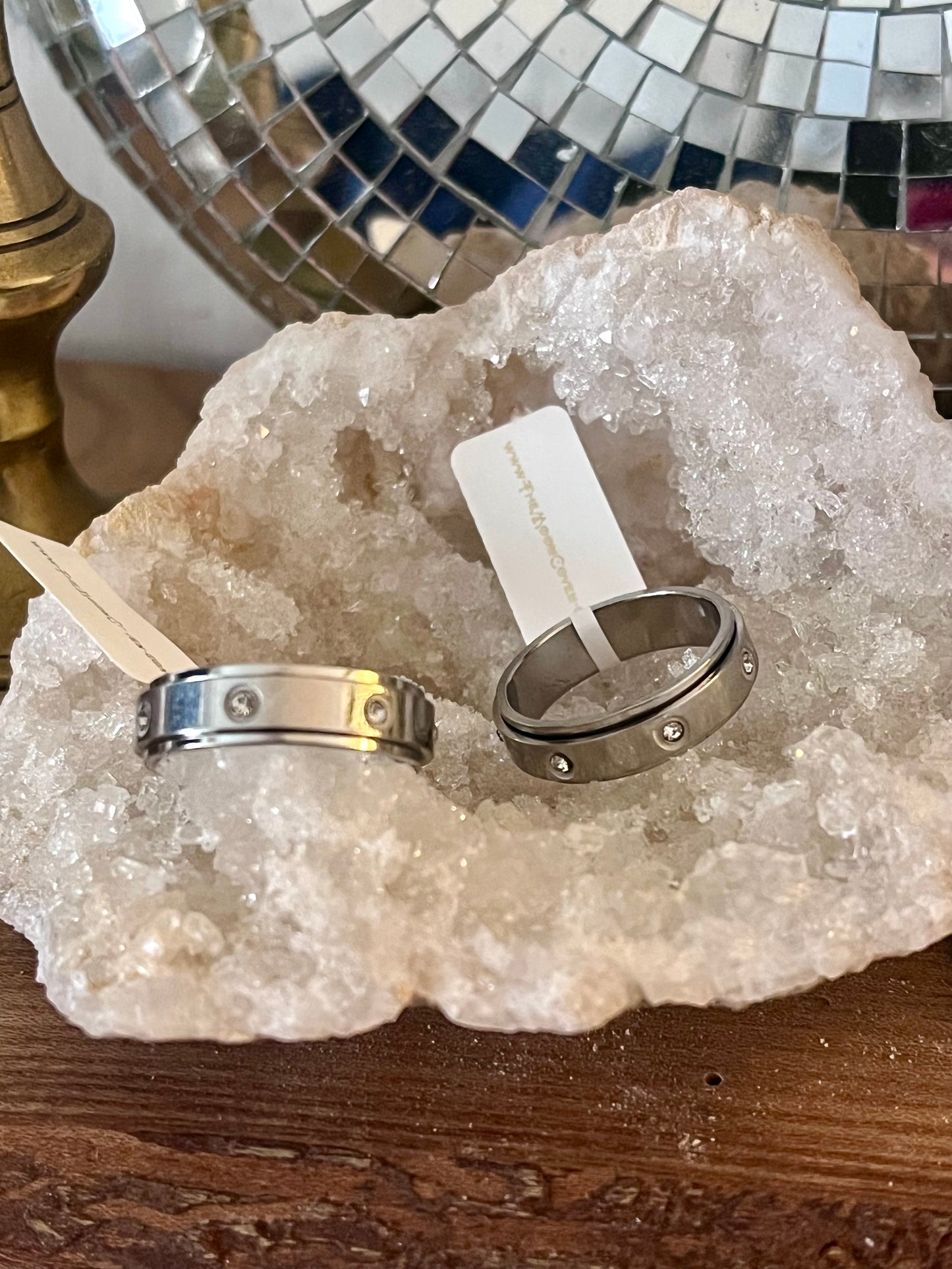 Silver Stainless Steel Anti-Anxiety Spinner Ring with Crystal Accents – Rotating Fidget Stress Relief Band
